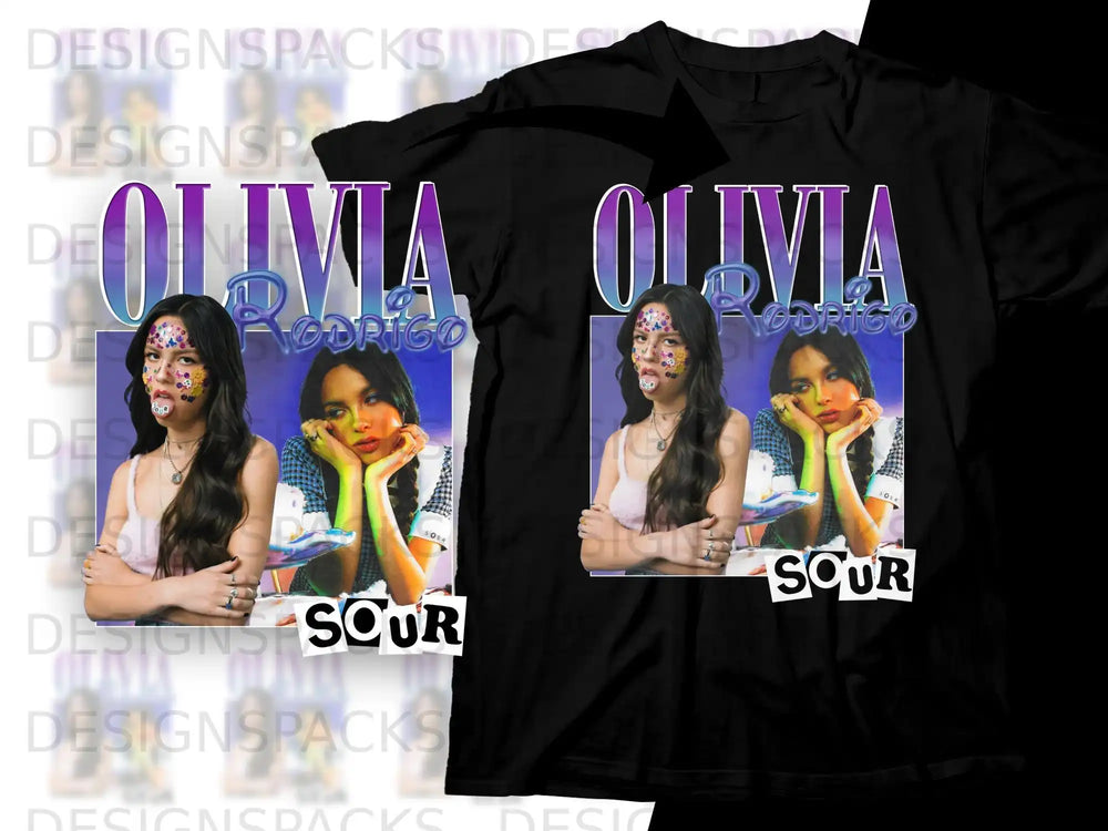 Olivia Rodrigo "Sour" album cover graphic on black t-shirt.