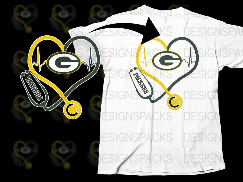 Green Bay Packers Heartbeat Stethoscope T-Shirt, Football Fan Apparel, Casual Sports Tee