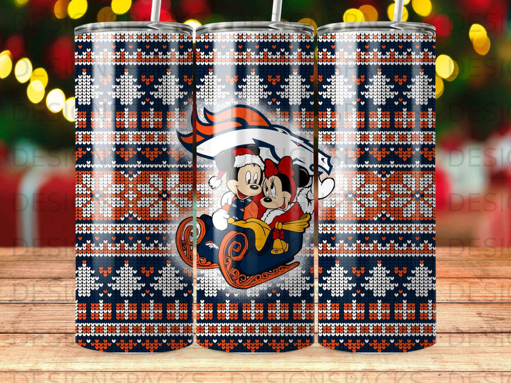 Mickey and Minnie Mouse in Santa hats on a sleigh, Broncos logo, ugly Christmas sweater pattern.