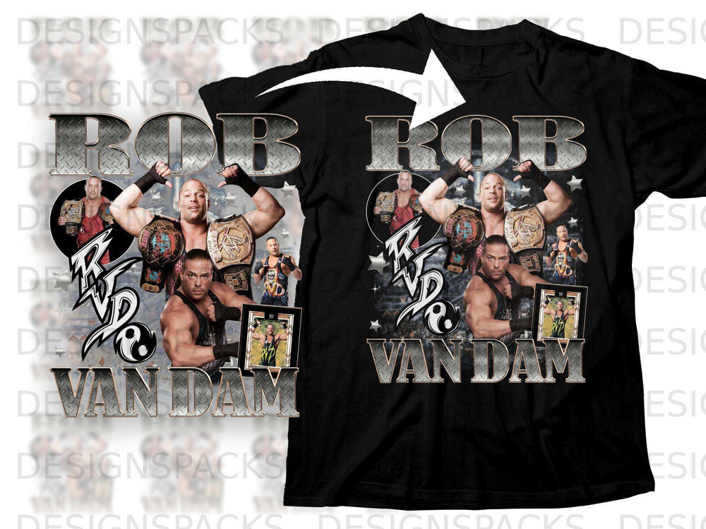 Rob Van Dam RVD graphic t-shirt with championship belts and action photos.