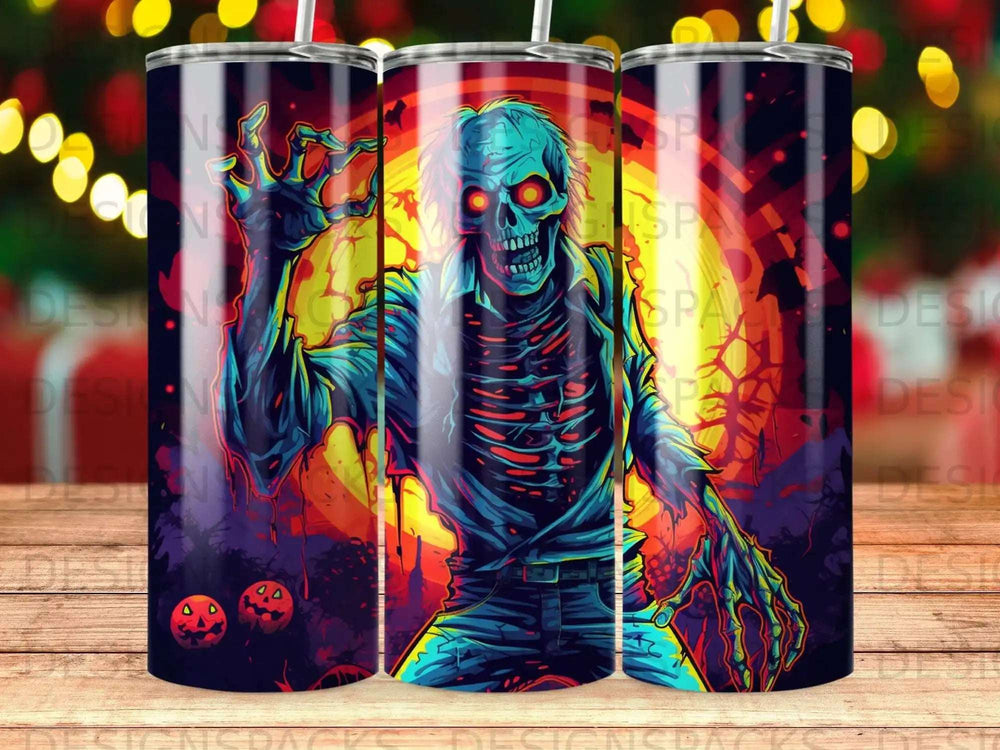 Scary zombie with glowing eyes on a colorful tumbler design.