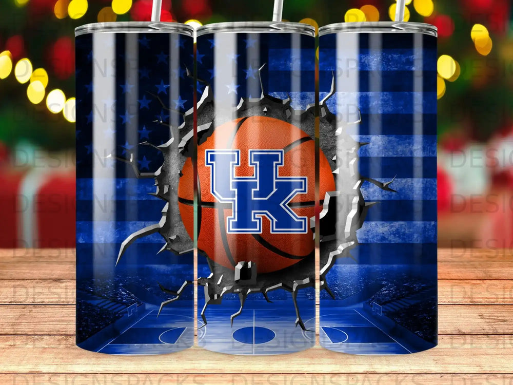 Kentucky Wildcats basketball breaking through US flag on stadium background.