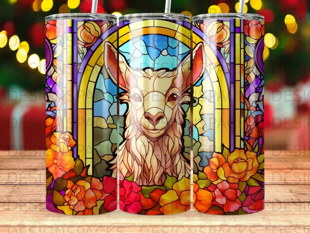 Stained glass llama and floral design on tumbler.