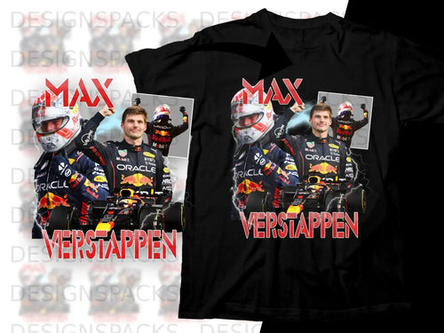 Max Verstappen Red Bull Racing t-shirt design with car and driver graphic.