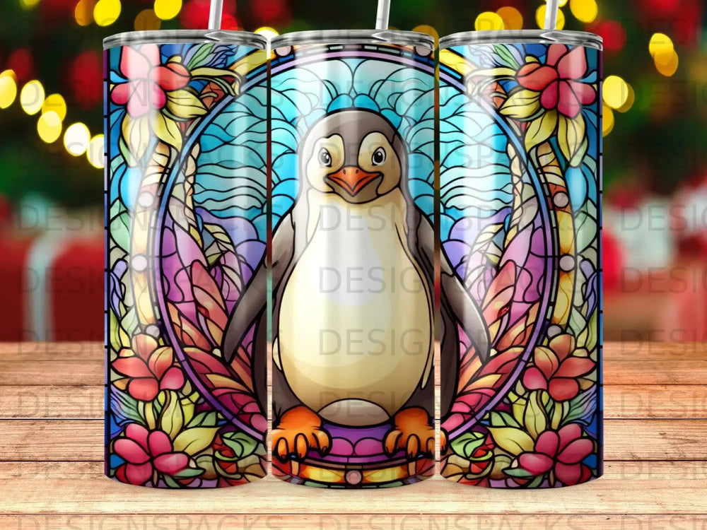 Stained glass style penguin with colorful flowers and abstract background.