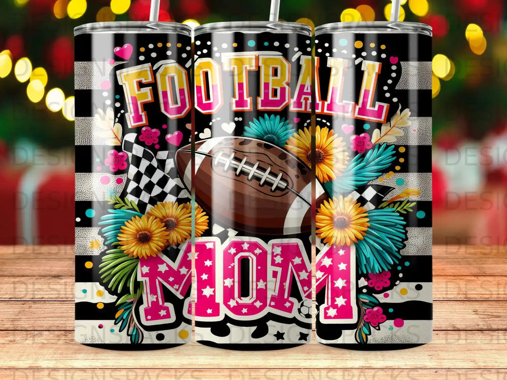 Football Mom tumbler with checkered flag, flowers, and bright colors.