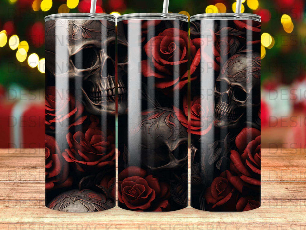 Three tumblers with a skull and red rose design against a blurred bokeh background.