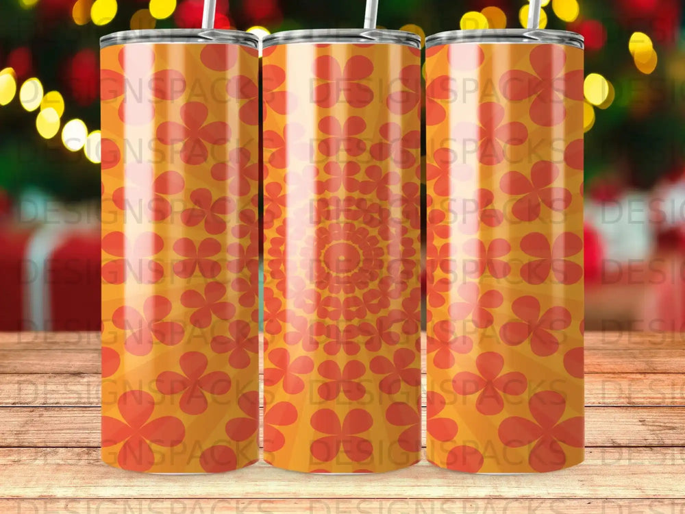 Orange floral pattern on a cylindrical tumbler with a subtle watermark.