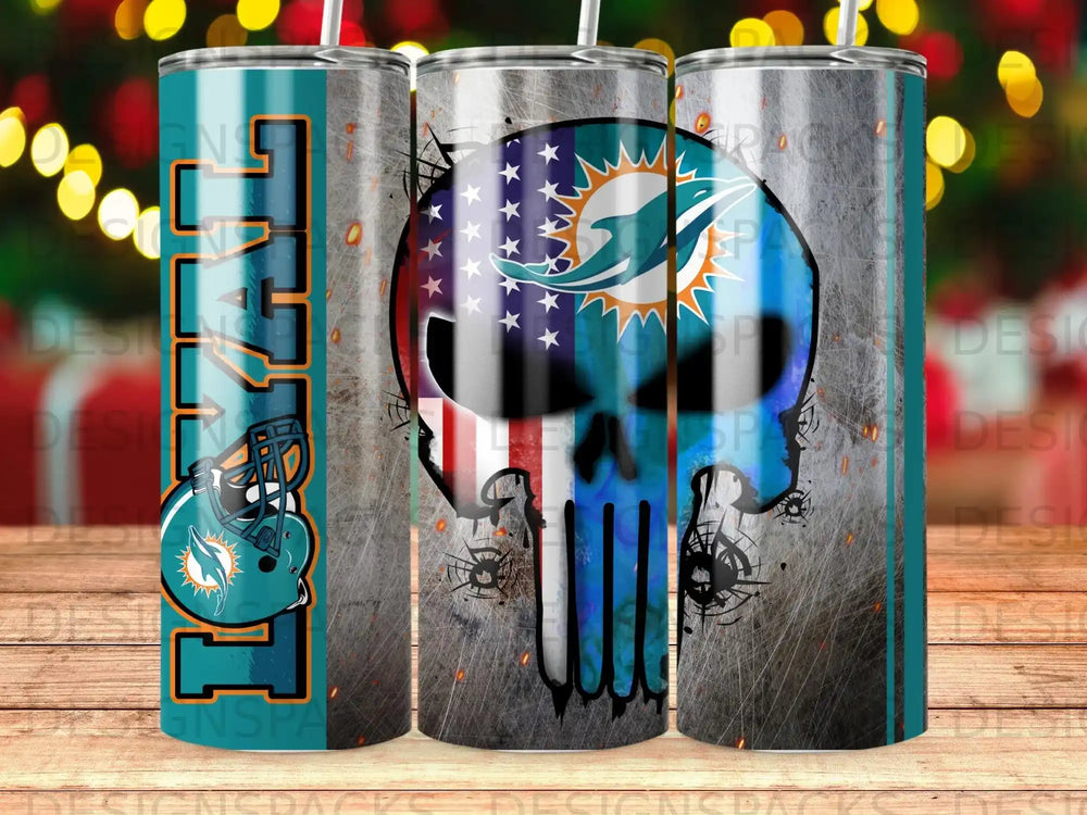 Miami Dolphins skull tumbler with US flag and team logo.
