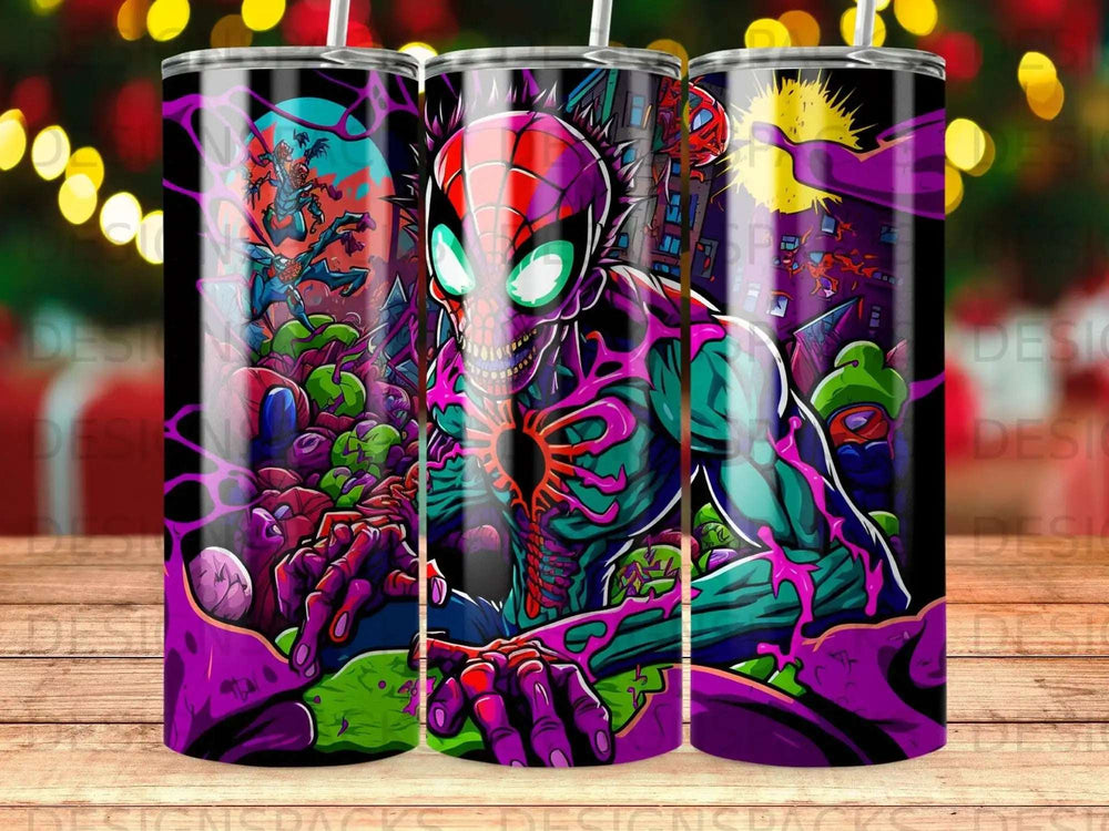 Spider-Man character with glowing eyes, surrounded by purple and green monstrous figures.