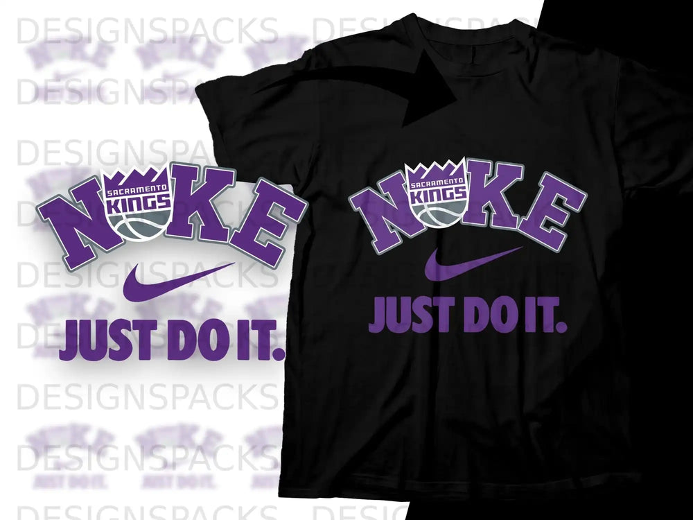 Black t-shirt with Sacramento Kings "Just Do It." logo in purple.