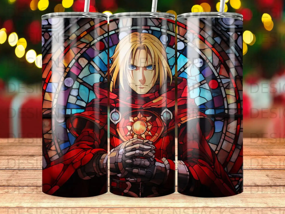 Anime character in stained glass style holding a sword, with ornate armor.