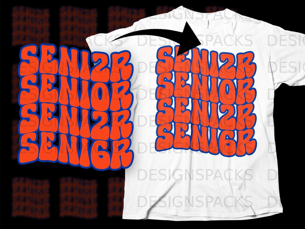 White t-shirt with "Senior" repeated in orange bubble letters.