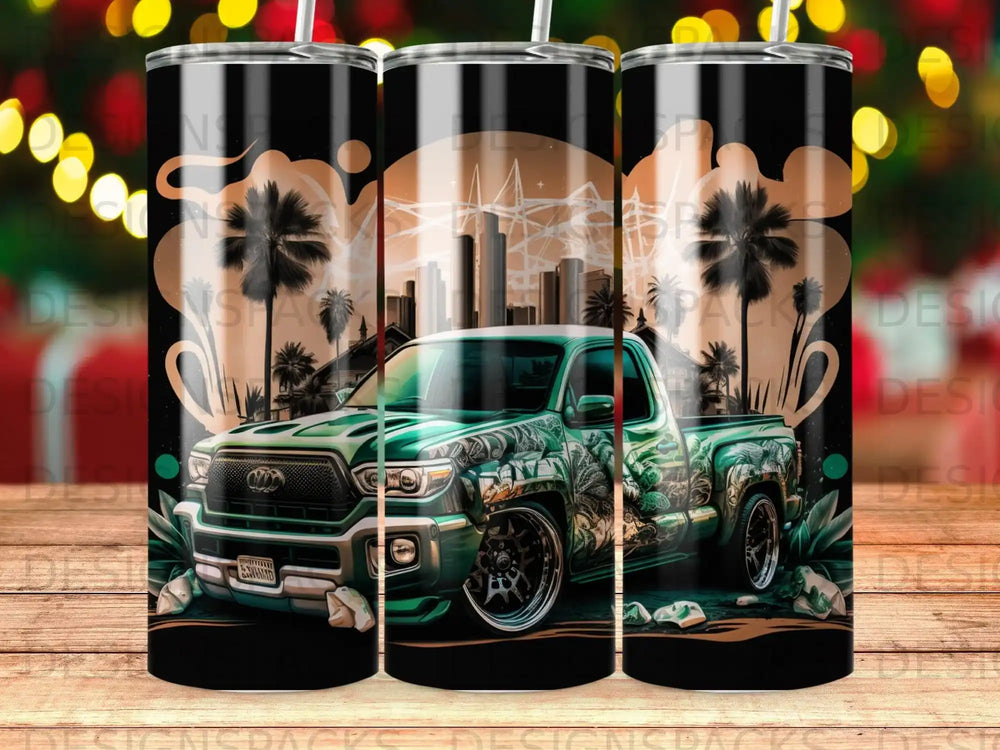 Green truck with city skyline and palm trees graphic on a tumbler.