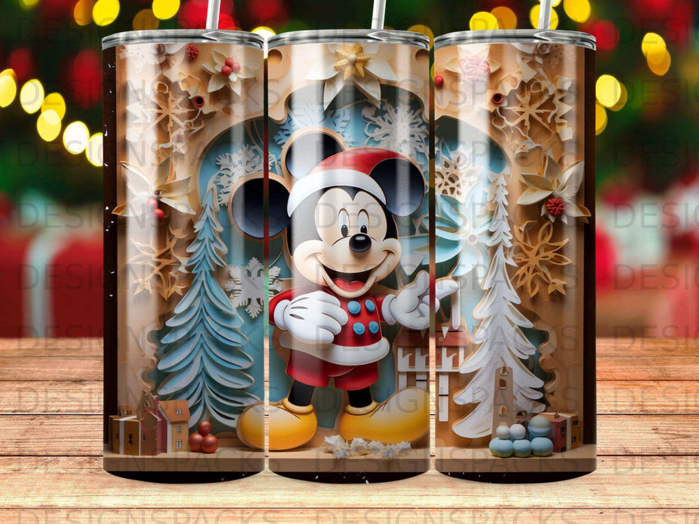 Mickey Mouse in Santa hat and red suit, surrounded by festive winter scene.