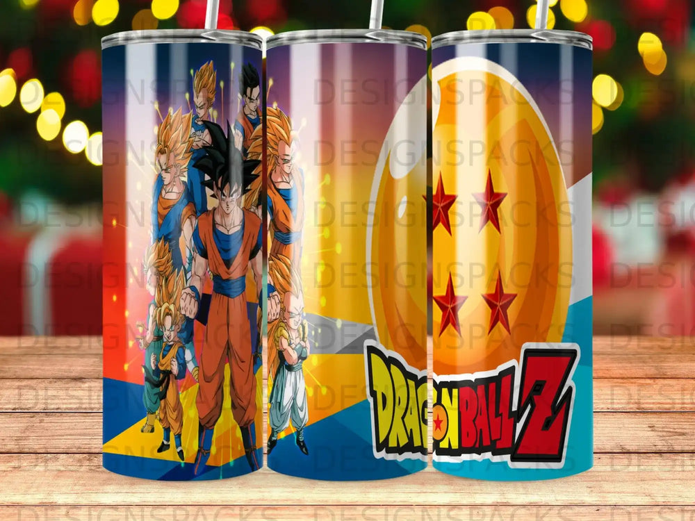 Dragon Ball Z characters Goku and Vegeta on a tumbler with a colorful background.