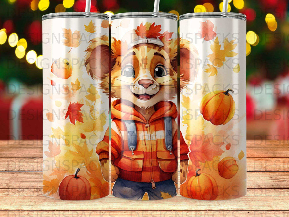 Autumn-themed tumbler with a cartoon lion cub wearing a hooded jacket.