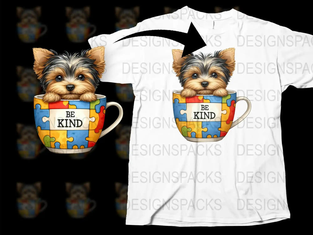 Cute Yorkshire Terrier Puppy in Mug T-Shirt, Be Kind Puzzle Graphic Tee, Dog Lovers Gift Idea