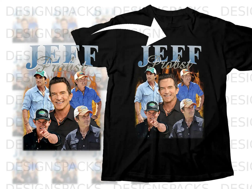 T-shirt with Jeff Probst collage and his signature.