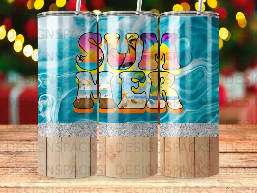 "SUMMER" text with beach scene on a blue marbled tumbler.