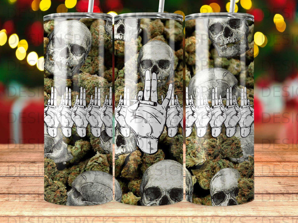 Three tumblers with a collage of skulls and marijuana buds.
