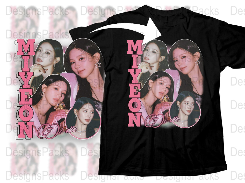 Miyeon Fan T-Shirt, K-Pop Idol Multiple Poses Graphic Tee, Pink and Black Top