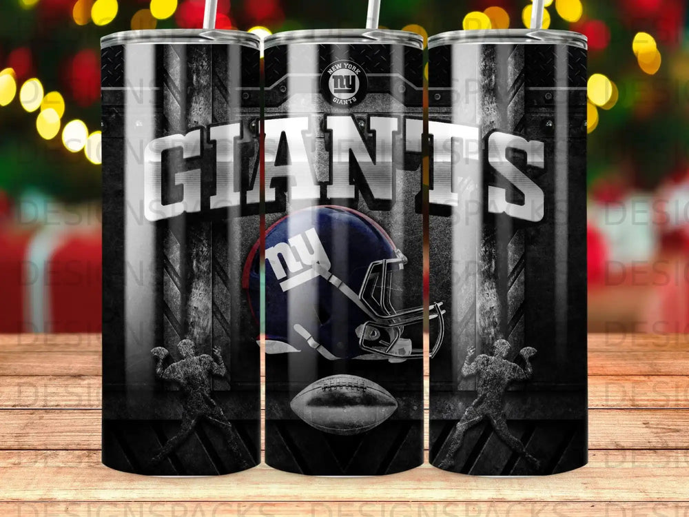 New York Giants helmet and football on a black and white tumbler.