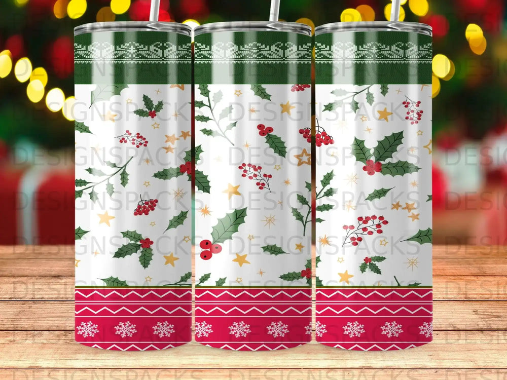 Green tumbler with holiday pattern: holly, berries, snowflakes, and red and white border.