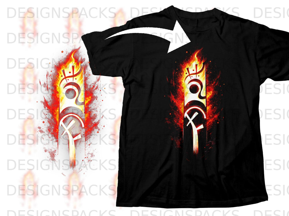 Black t-shirt with a white, fiery symbol design on the front.