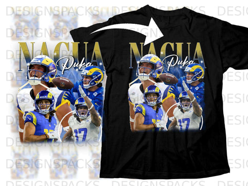 Los Angeles Rams players Puka Nacua and Matthew Stafford on a black t-shirt.