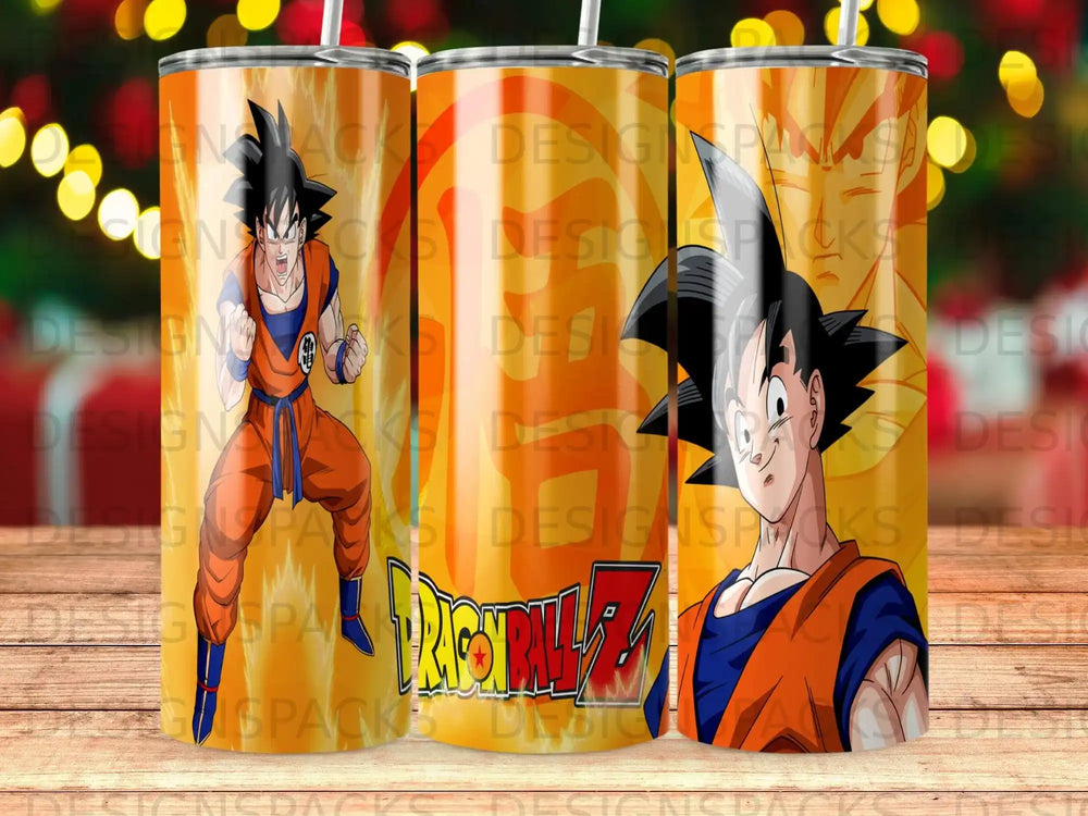 Goku from Dragon Ball Z on a tumbler with repeating "DESIGNSPACKS" watermark.