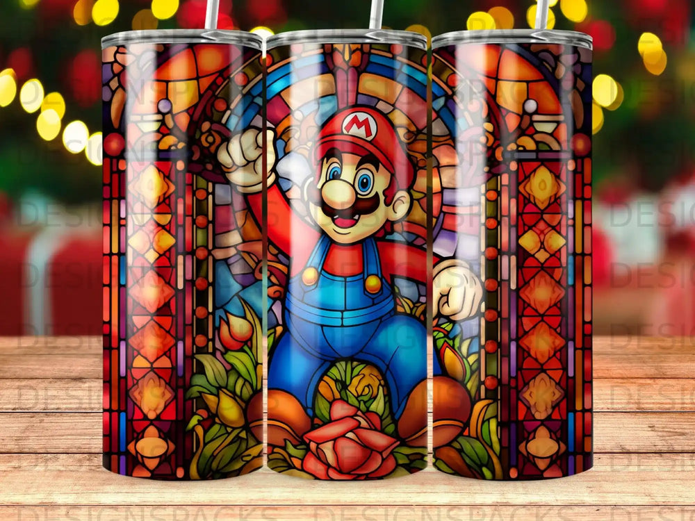 Mario character in blue overalls against a stained-glass background.