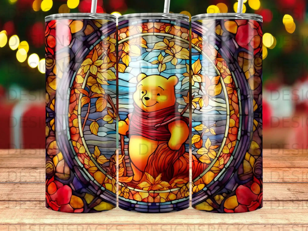 Winnie the Pooh in stained glass style with autumn leaves and red scarf.