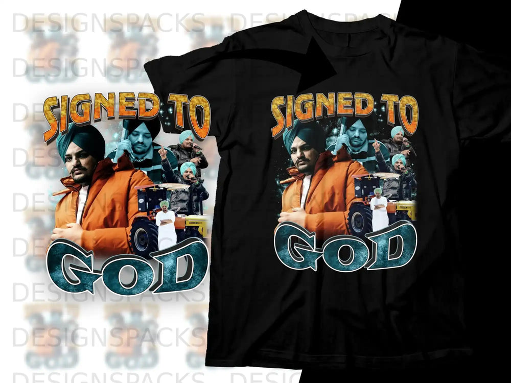 T-shirt graphic featuring a man in an orange jacket and "SIGNED TO GOD" text.