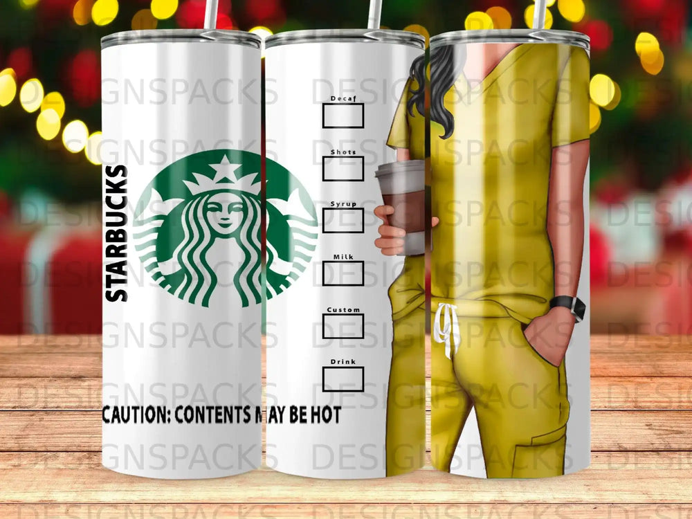 Starbucks tumbler with green siren logo, drink customization options, and caution text.