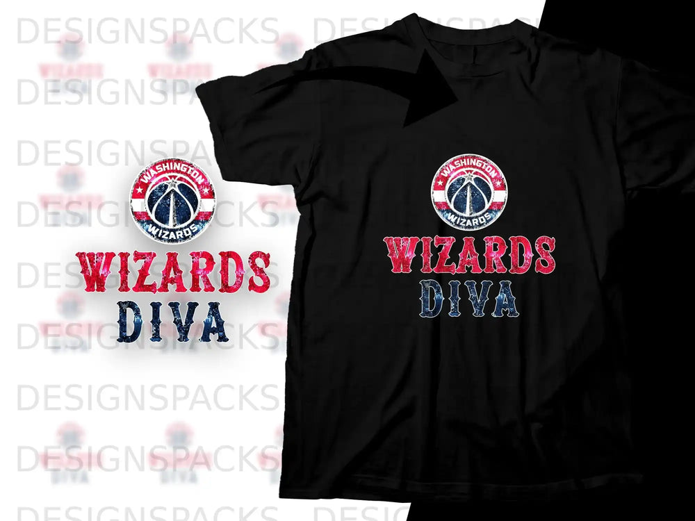 Washington Wizards "DIVA" graphic on a black t-shirt.