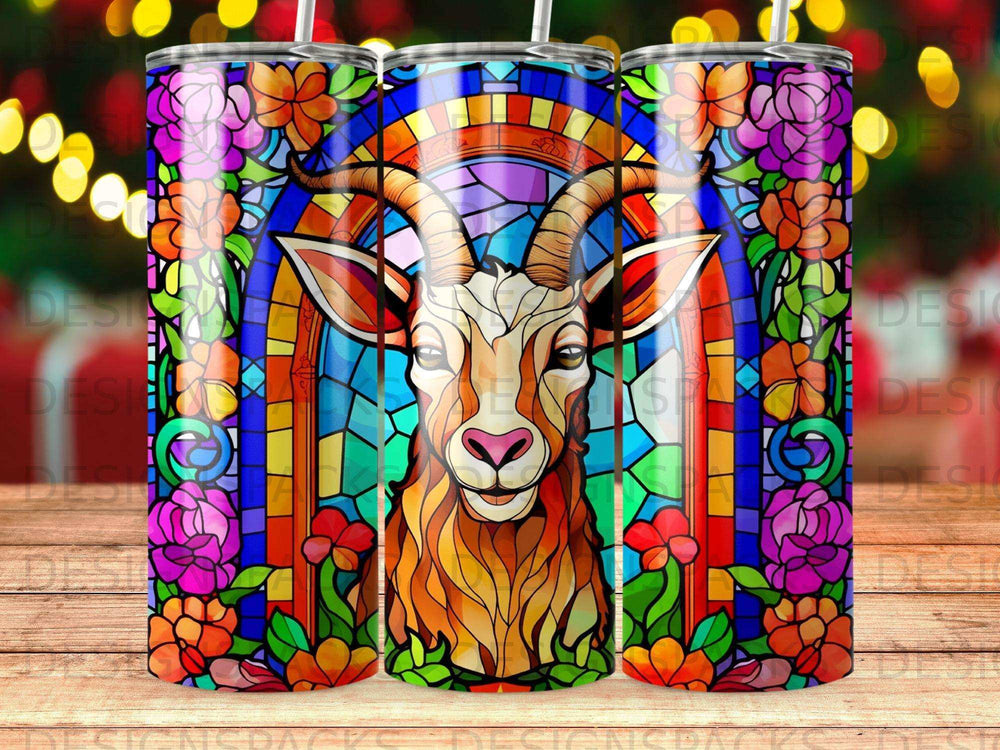 Goat with stained glass background and floral border.