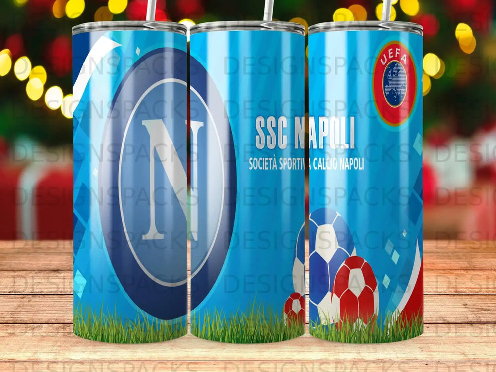 SSC Napoli logo and text on a tumbler with a blue and red design.