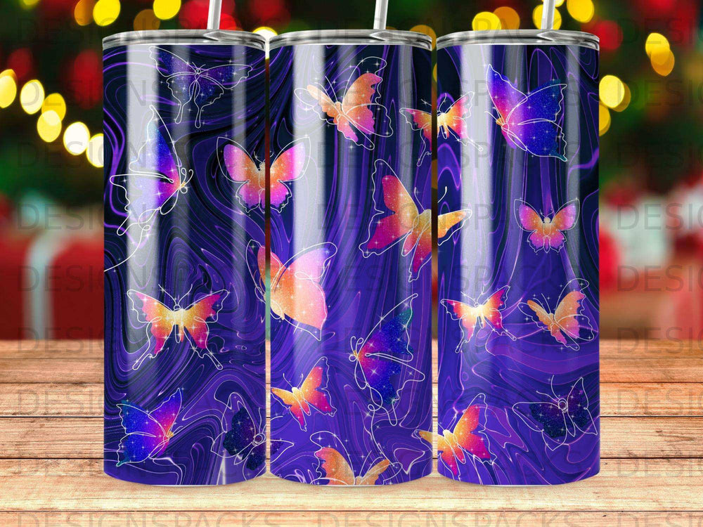 Purple tumbler with scattered colorful, starry butterflies and swirling patterns.