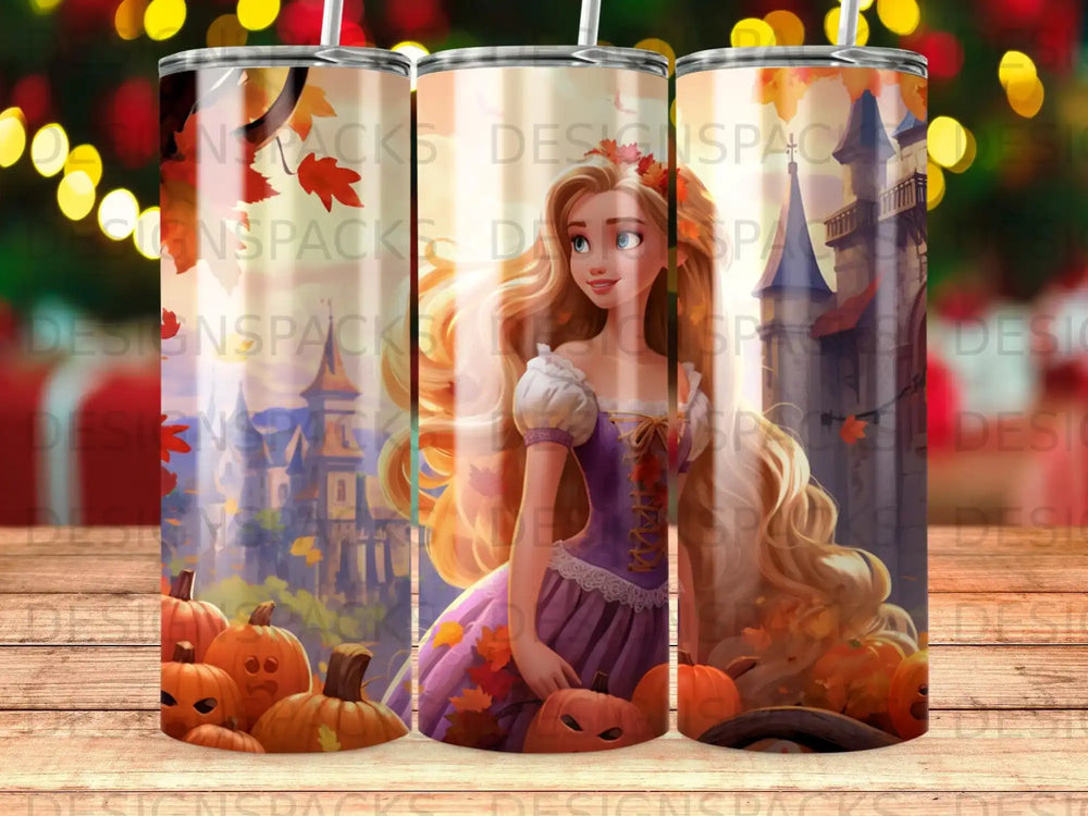 Rapunzel in a purple dress holding a pumpkin, with a castle and autumn leaves background.
