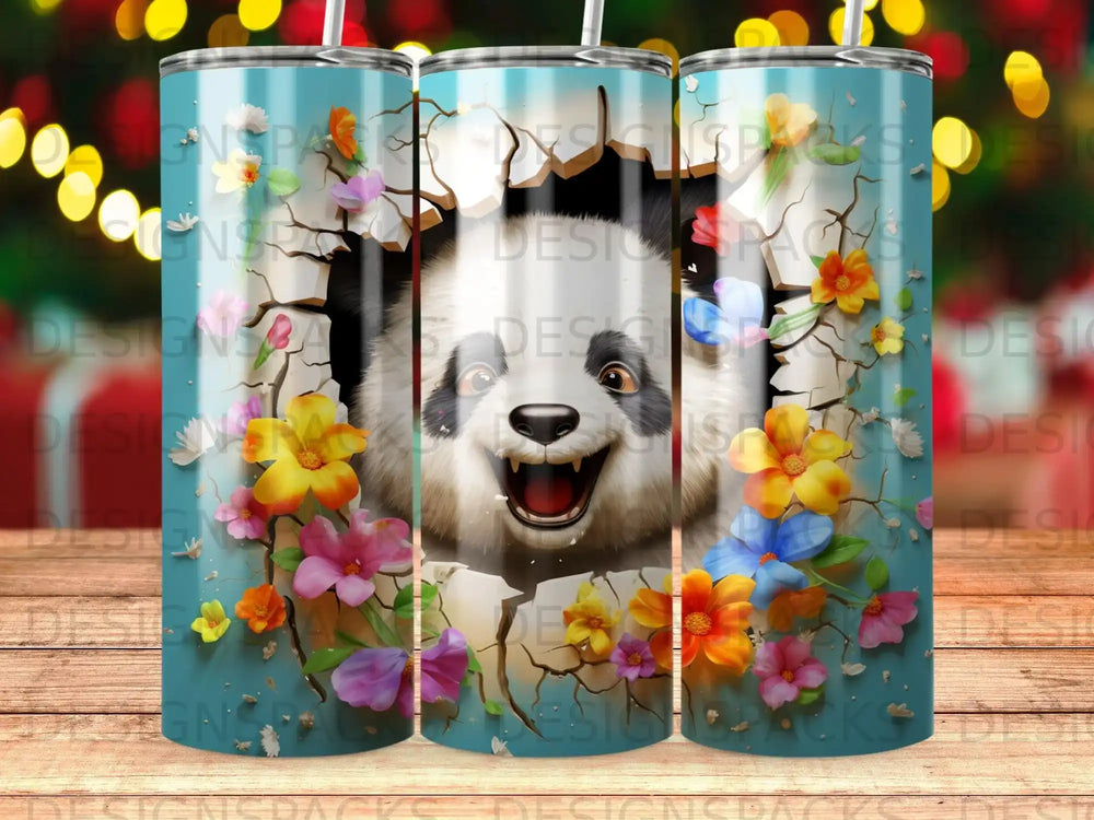 Panda bursting through a cracked surface surrounded by colorful flowers.