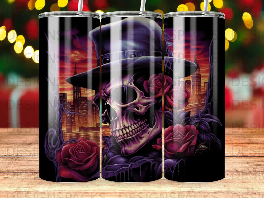 Skull in top hat with roses and city skyline background.