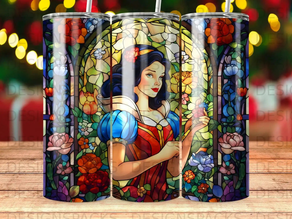 Stained glass tumbler featuring Snow White surrounded by flowers.