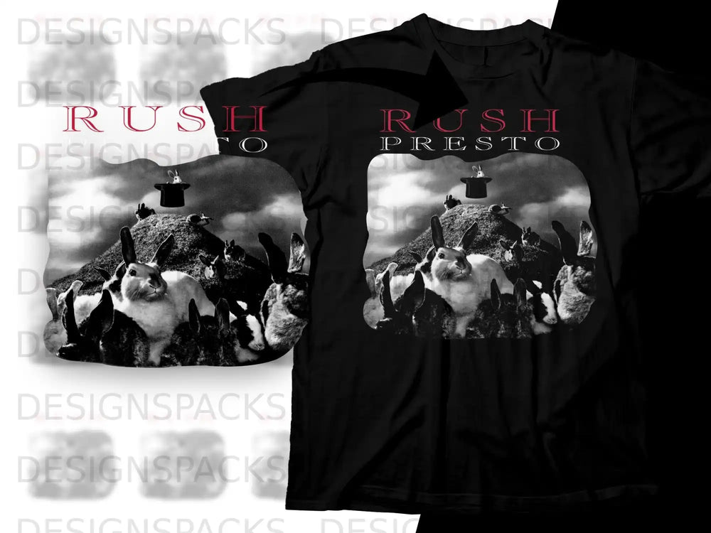 Rush Presto t-shirt with a stylized bunny illustration.