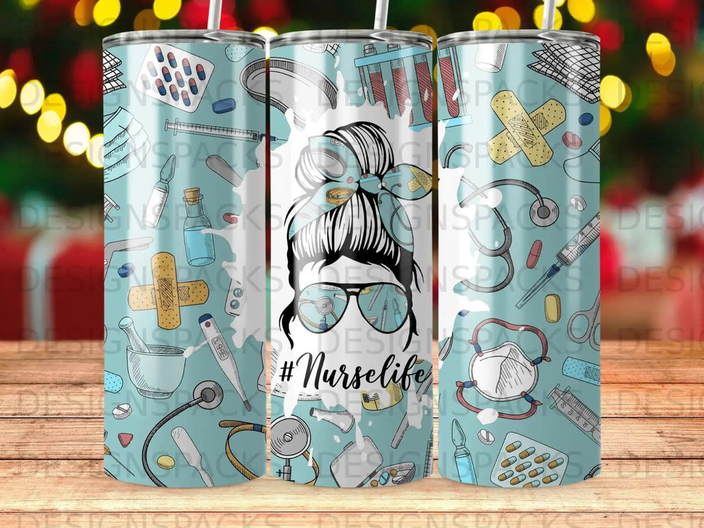 Nurse-themed tumbler with medical icons, glasses, and "#NurseLife" text.