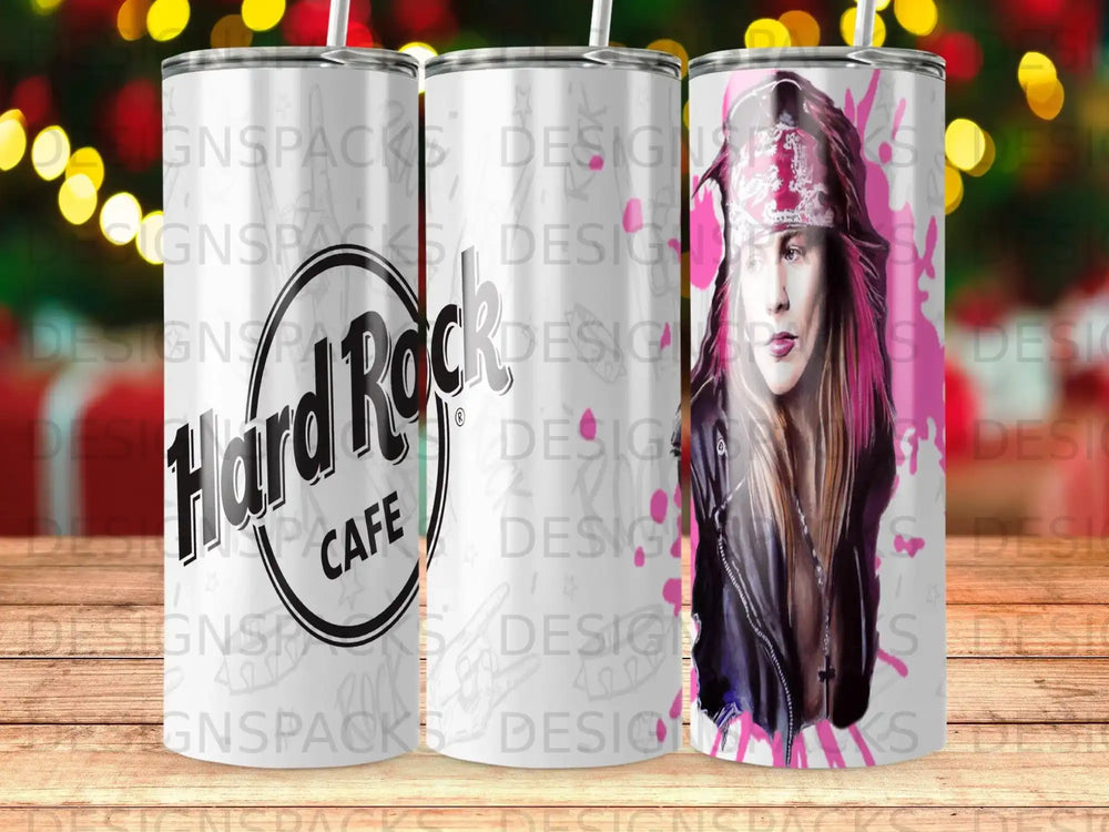 Hard Rock Cafe tumbler with a woman's portrait.