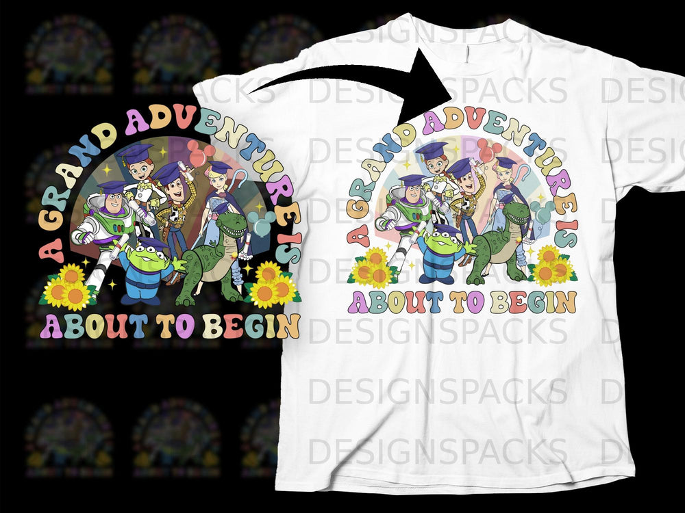 Toy Story characters with graduation caps and "A Grand Adventure Is About To Begin."