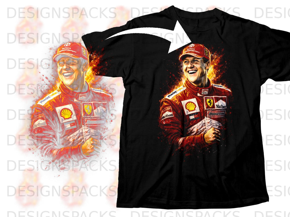 Michael Schumacher wearing a red racing suit with logos on a black t-shirt.