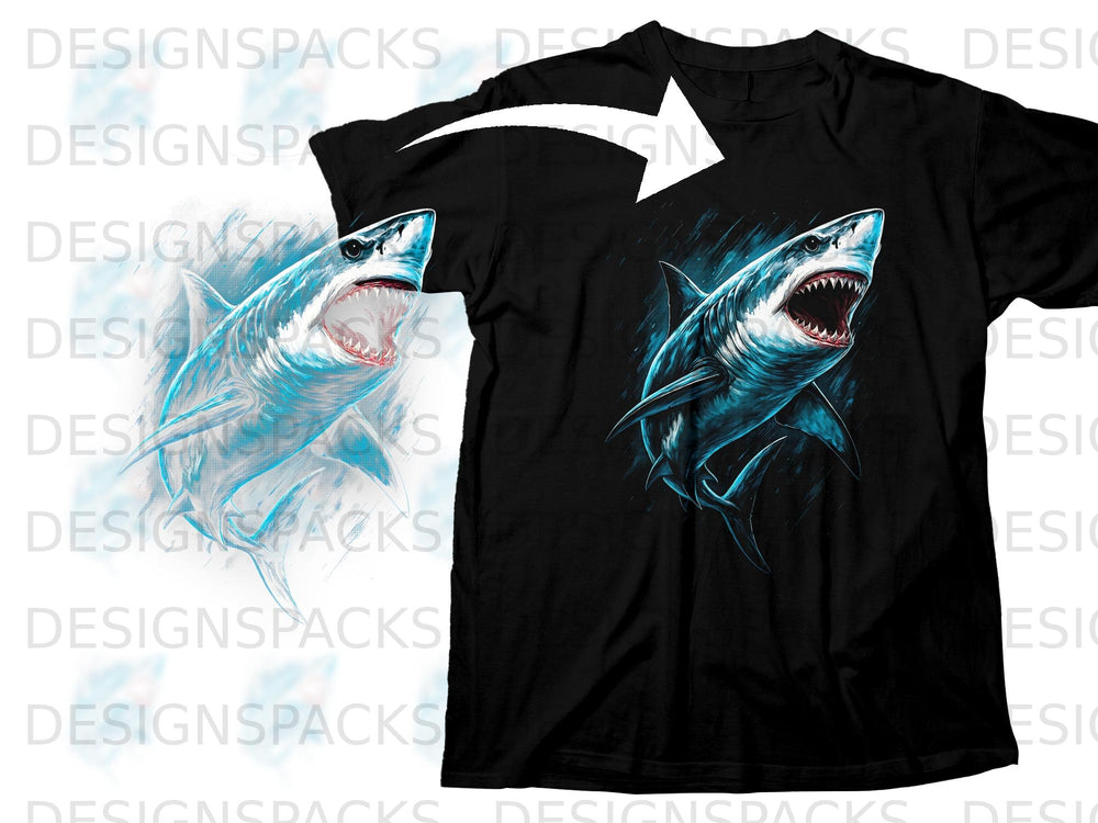 Black t-shirt with a fierce shark graphic and a white arrow.