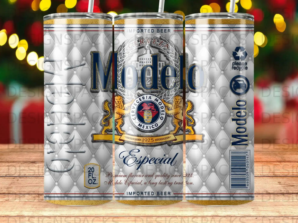 Modelo Especial imported beer can with silver diamond pattern and Mexican flag.